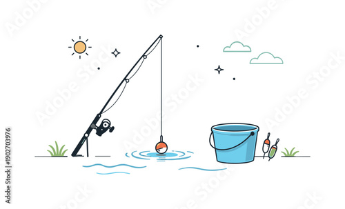 Spring fishing as leisure. Minimal lakeside scene with fishing rod, bucket, and calm water lines arranged simply. Peaceful outdoor mood