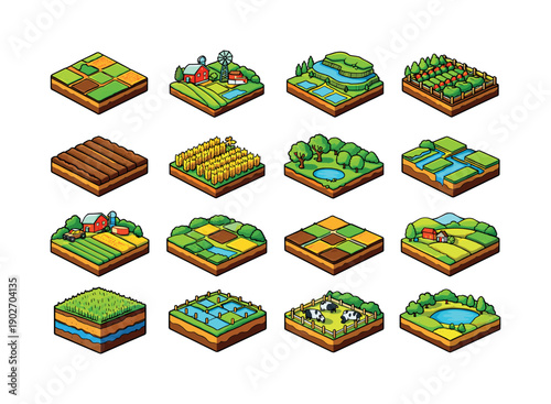 Agricultural Land. Colorful isometric vector icons set of Agricultural Land: farmland plots, crop field layout, rural landscape, cultivated