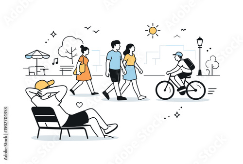 Summer Square Observers. People watching in summer squares. Relaxed observer leaning back, people passing by with subtle motion cues. Quiet enjoyment of city