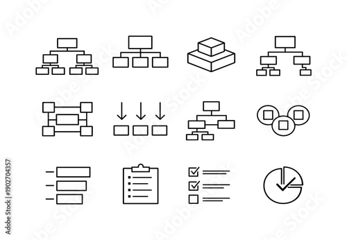 Work Breakdown Icons. Work breakdown structure. Line icon set of Work breakdown structure: project tree, parent task, child tasks, layered blocks, task