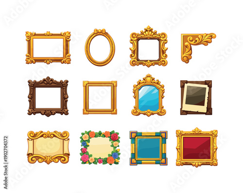 Antique Frame. Colorful flat vector icons set of Antique Frame: ornate picture frame, vintage oval frame, baroque frame, gilded frame corner,