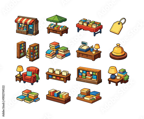Old bookstore. Colorful isometric vector icons set of old bookstore: storefront with books, outdoor book stand, book sale table, handwritten
