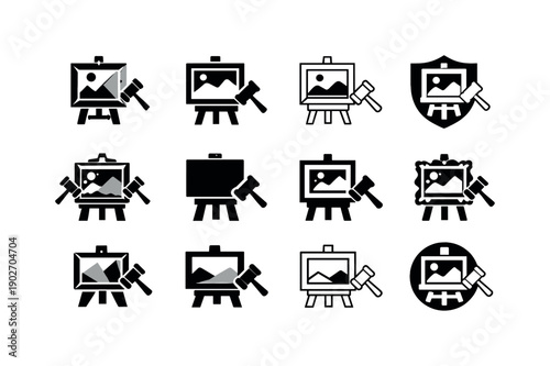 Attending an art auction. Icon set. Set Logo of Attending an art auction: framed painting on easel. harmonious logo variations of the same