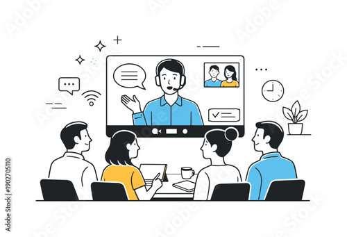 Hybrid meeting room setups. Employees in a meeting room listening while a colleague speaks on screen. Balanced communication and shared