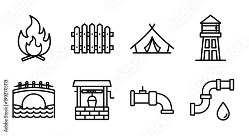 Camping and utility line icons show outdoor survival.