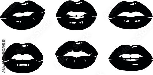 Black Lips Silhouette Set Sexy Mouth Expressions Female Beauty Vector Collection.
