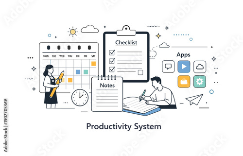 Productivity system overview. A set of tools including calendar, checklist, notes, and apps arranged in a balanced editorial composition.