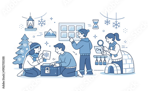 Cozy Winter Escape. Winter-themed escape room illustration. Friends interacting with clues and locks in a room decorated with snowflakes and soft winter