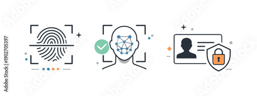 Biometric access and security icons. A clean set of icons showing fingerprint scan, face recognition, and secure access symbols, evenly