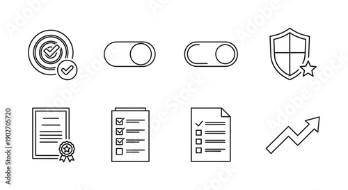 Security and progress line icons feature shields and toggles.