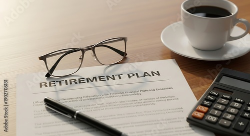 Retirement plan document, glasses, pen, and coffee on a desk, symbolizing financial planning for future endeavors.