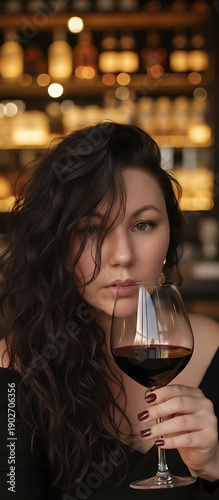 young woman drinking wine at night