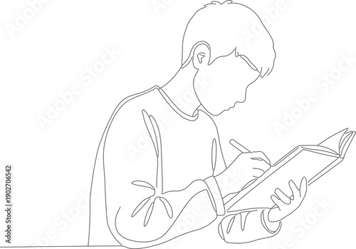 Line Art Teenage Boy Writing In Notebook Educational Activity Illustration