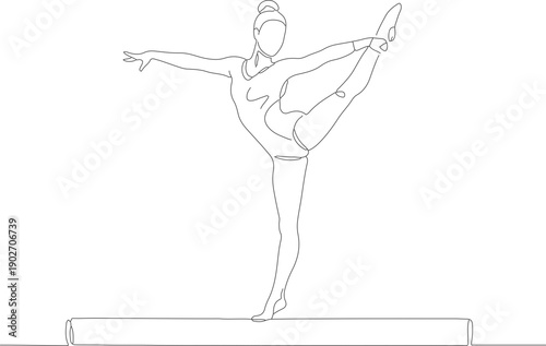 Minimalist Outline Female Gymnast Performing Balancing Pose on Balance Beam Line Art