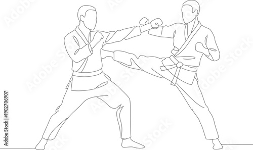 Minimalist Line Art Karate Fighters Sparring Martial Arts Illustration