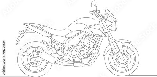 Detailed Outline Drawing of Modern Street Motorcycle Side View Transportation