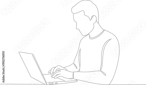 Minimalist Line Art Man Working on Laptop Computer Illustration