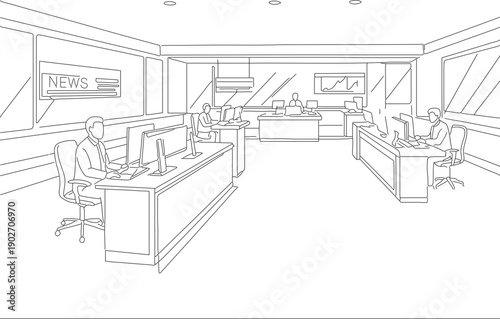 Line Art Detailed Newsroom Interior Workspace with People Illustration