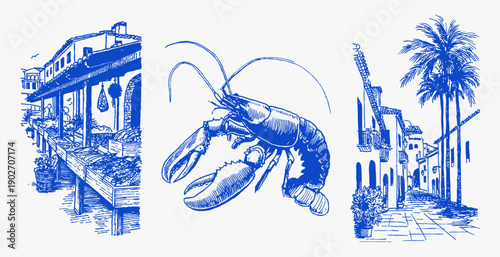 Mediterranean seafood market lobster street sketch set. Hand drawn blue fish stall, fresh lobster and italian palm alley in vintage travel doodle line vector for menu or prints.