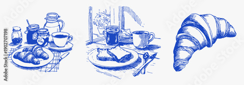 Rustic breakfast table croissants teapot coffee jars. Hand drawn blue ink scene with chair and homemade jam. Warm country brunch illustration for cafe menu or kitchen decor.