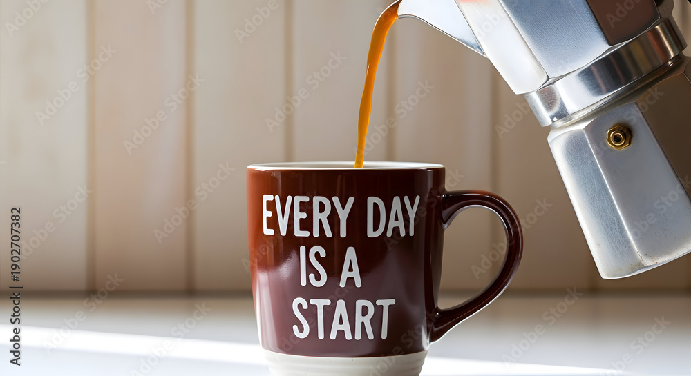 Obraz premium Freshly brewed hot coffee is poured from a moka pot into a brown mug with the inspiring quote 