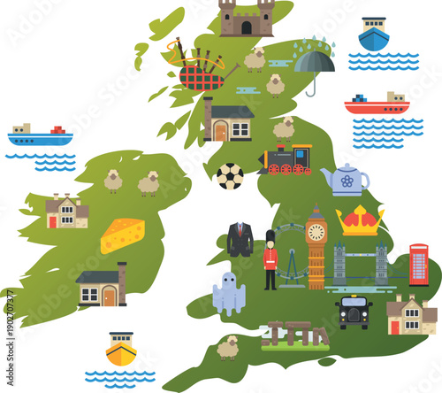 Great Britain landmark pins on map. Travel locations