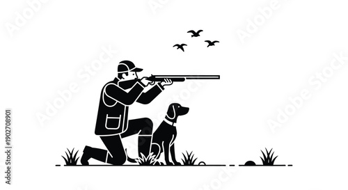 Hunter aiming shotgun with dog birds flying in a black and white illustration