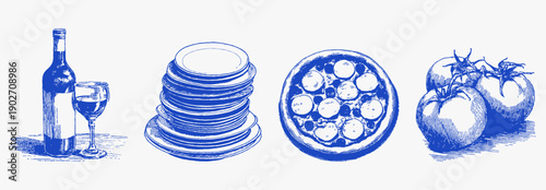 Hand drawn ink line sketch of pizza, wine and tomatoes. Mediterranean food illustration with a raw crayon texture and vintage charcoal aesthetic for italian restaurant menus.