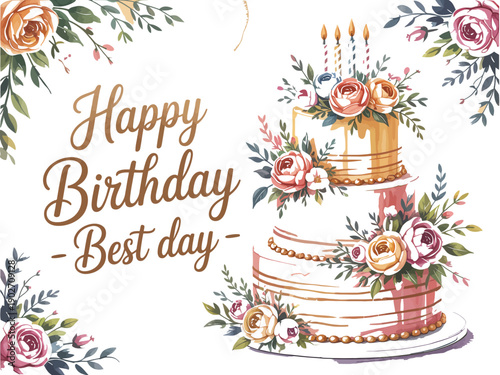 A beautiful birthday card with a cake and flowers