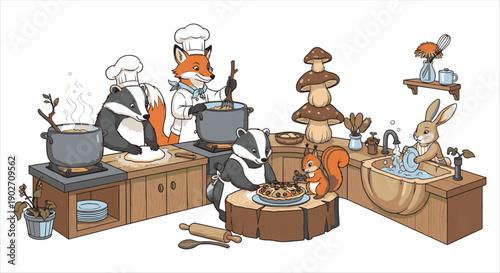 Whimsical Forest Animals Working Together in a Cozy Rustic Kitchen Illustration