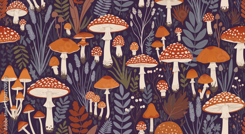Enchanting Woodland Mushroom Pattern Vector Illustration A Whimsical Forest Floor Scene