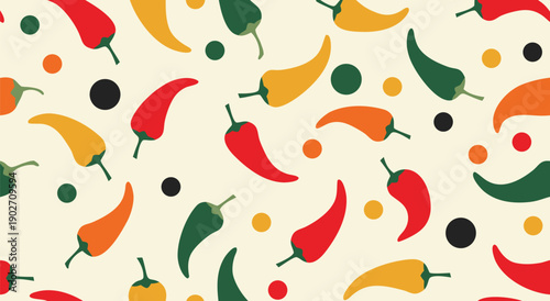 Seamless vector illustration of colorful chili peppers and dots pattern on a light background, ideal for food and spice themes