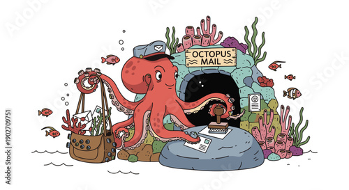 Whimsical Underwater Octopus Mail Service Illustration with Coral Reef and Sea Life