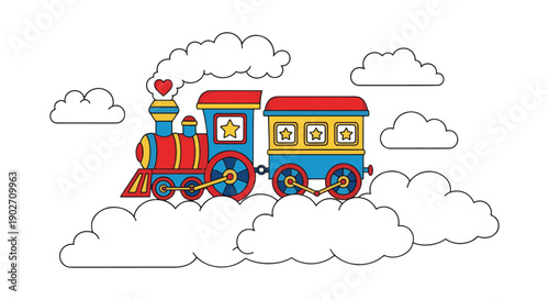 Whimsical Toy Train with Bright Stars Flying Through Soft White Clouds