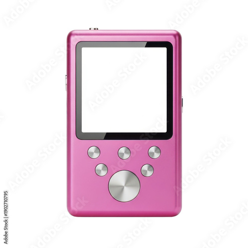 Pink mp3 player with blank screen and control buttons on transparent background