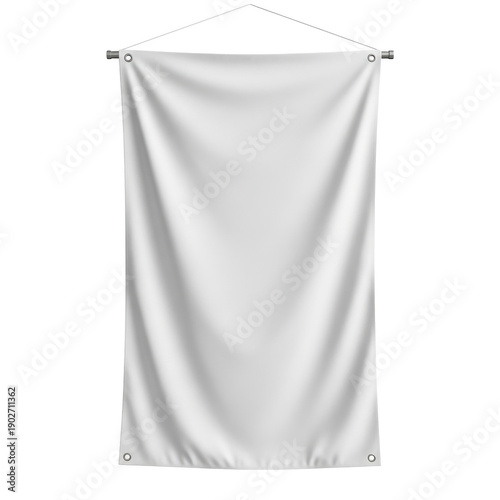 White fabric banner hanging from metal bar with grommets on transparent background for advertising