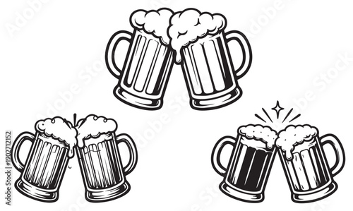 Clinking beer mugs set: Black and white vintage engraving style toast