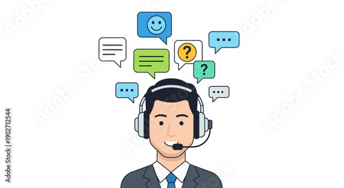 Friendly male customer service agent wearing a headset surrounded by various colorful chat and question speech bubbles effectively representing communication.