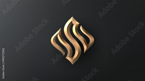 Abstract Golden Wavy 3D Logo on Dark Background, Vector Illustration