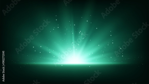 Abstract Emerald Light Burst with Sparkling Particles on Dark Background, Vector Illustration