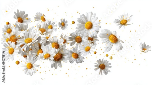 Vibrant white daisies in motion against white background.
