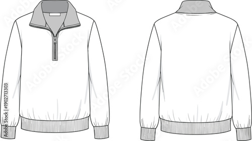 Quarter zip sweatshirt technical fashion flat sketch with standing collar ribbed trim and long sleeves cad drawing flat vector illustration
