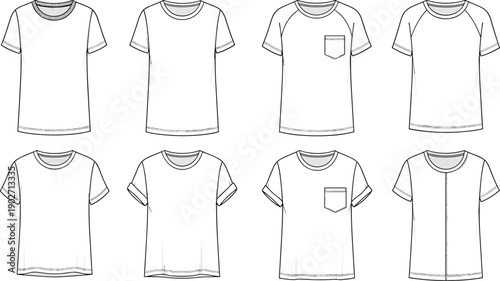 Set of basic t shirt technical fashion flat sketches with crew neck raglan sleeves and pocket cad drawing flat vector illustration
