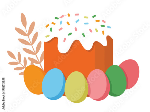 A colorful Easter cake with eggs and sprinkles on a white background