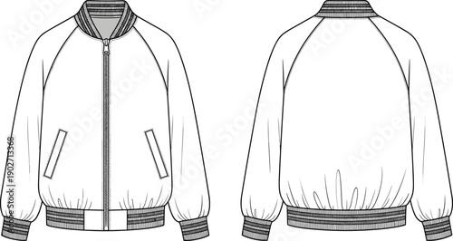 Unisex varsity bomber jacket technical fashion flat sketch with raglan sleeves ribbed trim and zipper closure cad drawing flat vector illustration