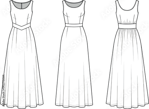 Elegant women sleeveless maxi dress technical fashion flat sketch with V shape waistband and long flared skirt cad drawing flat vector illustration