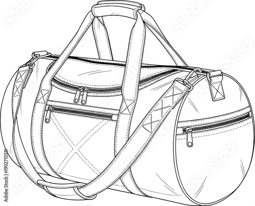 Technical fashion flat sketch of a sports duffel bag with zipper pockets shoulder strap and handles cad drawing flat vector illustration