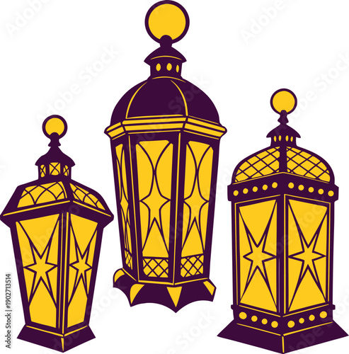 Set of three decorative vintage style lanterns in purple and yellow colors isolated