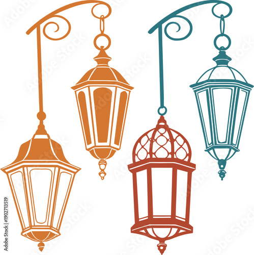 Colorful hanging street lanterns with curled iron brackets for outdoor festivals