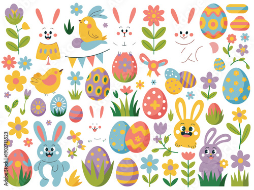 A colorful Easter-themed illustration featuring cartoon bunnies, eggs, and flowers on a white background.